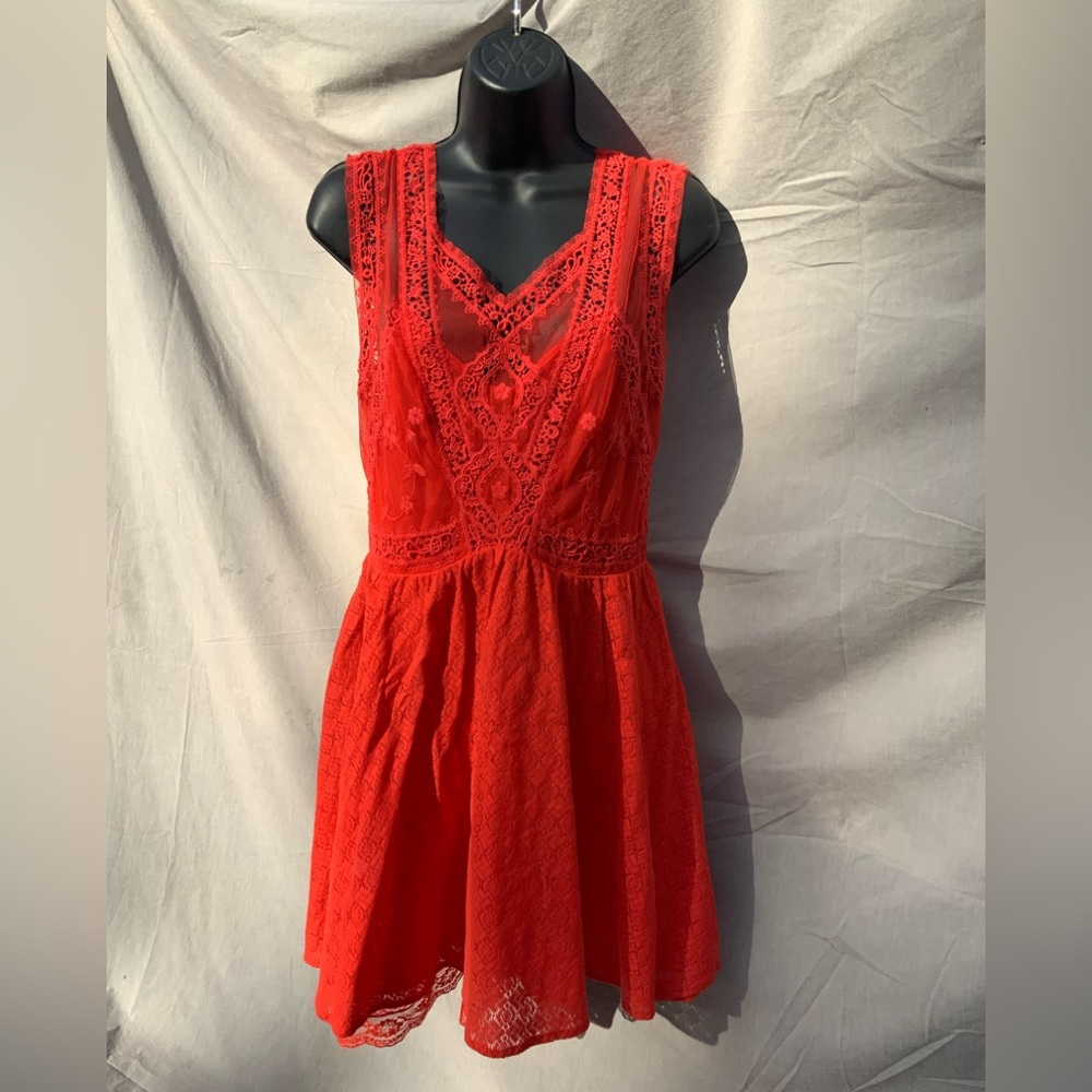 Coral Red Laced Free People Dress With Tulle Size Medium
